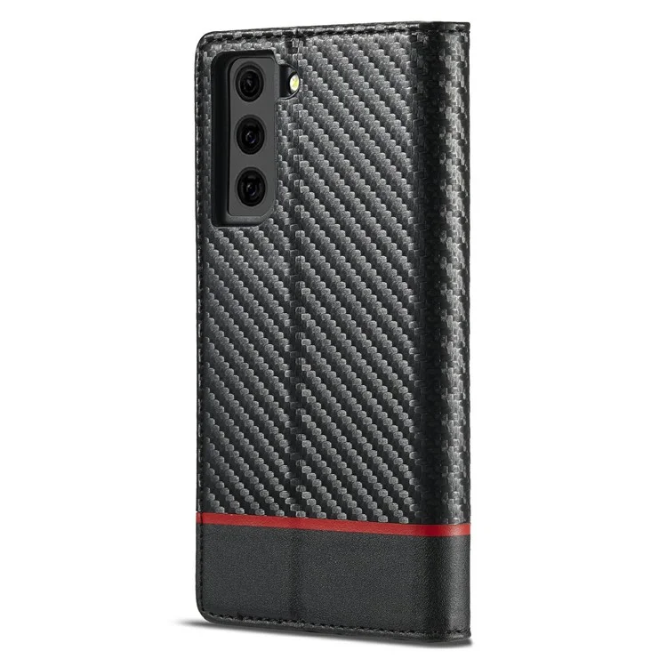 LC.IMEEKE Auto-absorbed Magnetic Closing System Leather Case Carbon Fiber Pattern Phone Case with Wallet for Samsung Galaxy S21 5G/4G - Style 1