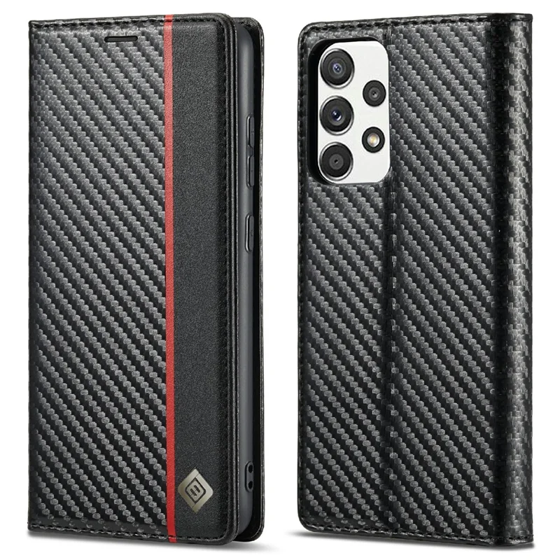 LC.IMEEKE Well-Protected Leather Case Carbon Fiber Pattern Phone Cover with Wallet for Samsung Galaxy A52 4G/5G / A52s 5G - Style 2