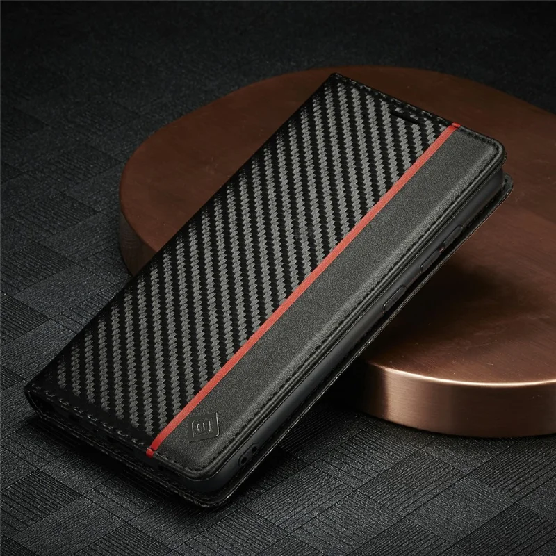 LC.IMEEKE Well-Protected Leather Case Carbon Fiber Pattern Phone Cover with Wallet for Samsung Galaxy A52 4G/5G / A52s 5G - Style 2