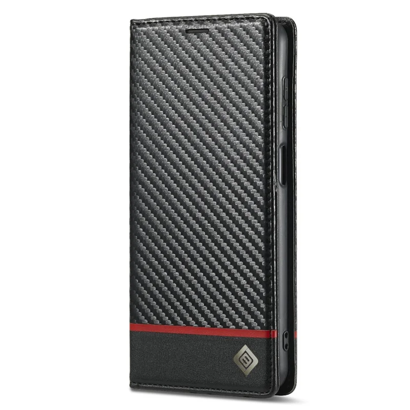 LC.IMEEKE Carbon Fiber Texture PU Leather Phone Case Shell with Stand Wallet for Samsung Galaxy A22 4G (EU Version) - Horizontal Red Stripe