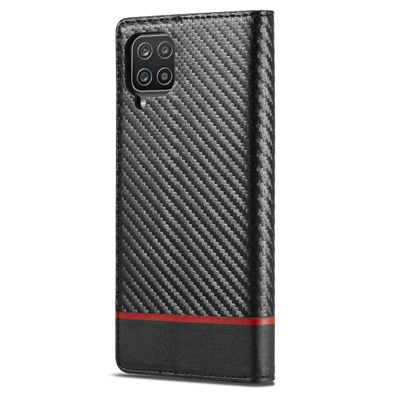 LC.IMEEKE Carbon Fiber Texture PU Leather Phone Case Shell with Stand Wallet for Samsung Galaxy A22 4G (EU Version) - Horizontal Red Stripe