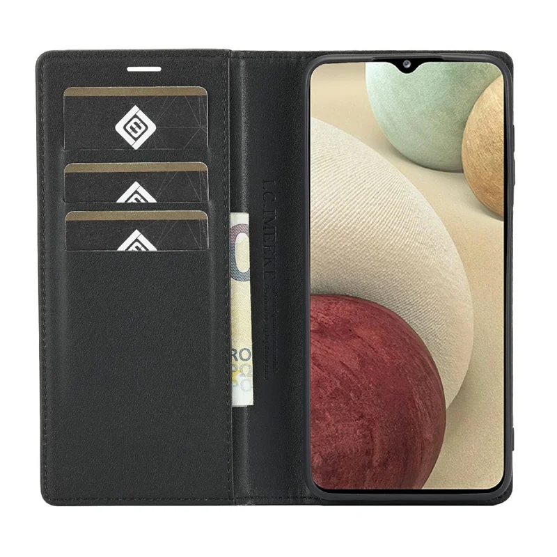 LC.IMEEKE Carbon Fiber Texture PU Leather Phone Case Shell with Stand Wallet for Samsung Galaxy A22 4G (EU Version) - Horizontal Red Stripe