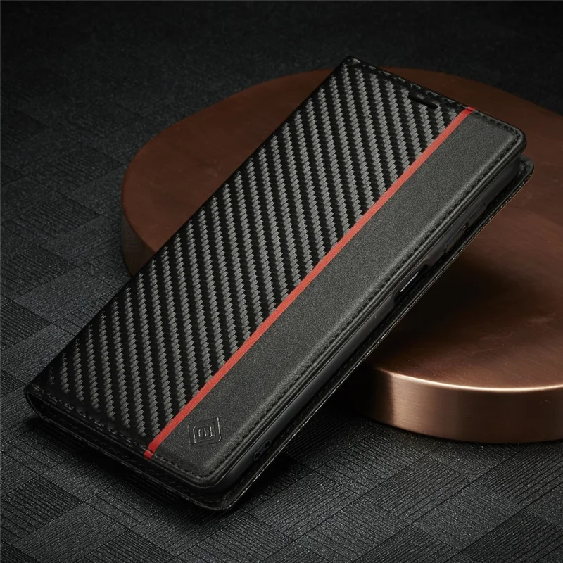 LC.IMEEKE Carbon Fiber Texture PU Leather Phone Case Shell with Stand Wallet for Samsung Galaxy A22 4G (EU Version) - Horizontal Red Stripe