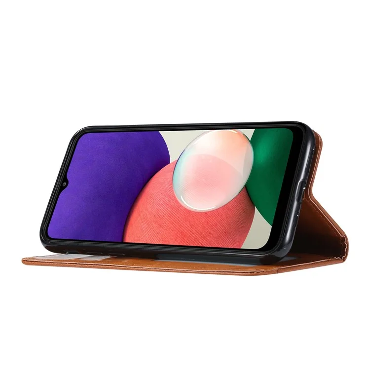 Magnetic Auto-absorbed Wallet Stand PU Leather Phone Case Cover with Outer Card Slot for Samsung Galaxy A22 5G (EU Version) - Red