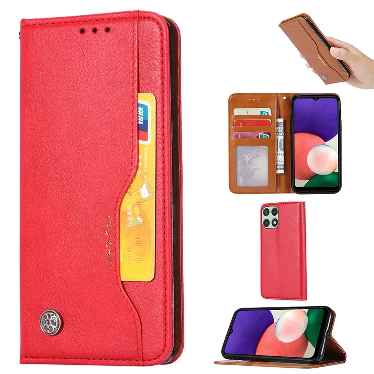 Magnetic Auto-absorbed Wallet Stand PU Leather Phone Case Cover with Outer Card Slot for Samsung Galaxy A22 5G (EU Version) - Red