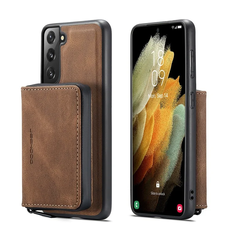 Junghood Magnetic Abnehmbare Reißverschluss Geldbörse Feine Qualität Leder Hybrid Hülle Mit Kickstand Für Samsung Galaxy S21 FE / S21 Fan Edition - Braun