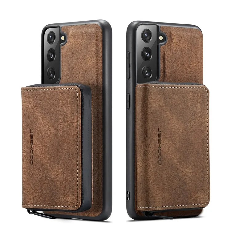 Junghood Magnetic Abnehmbare Reißverschluss Geldbörse Feine Qualität Leder Hybrid Hülle Mit Kickstand Für Samsung Galaxy S21 FE / S21 Fan Edition - Braun