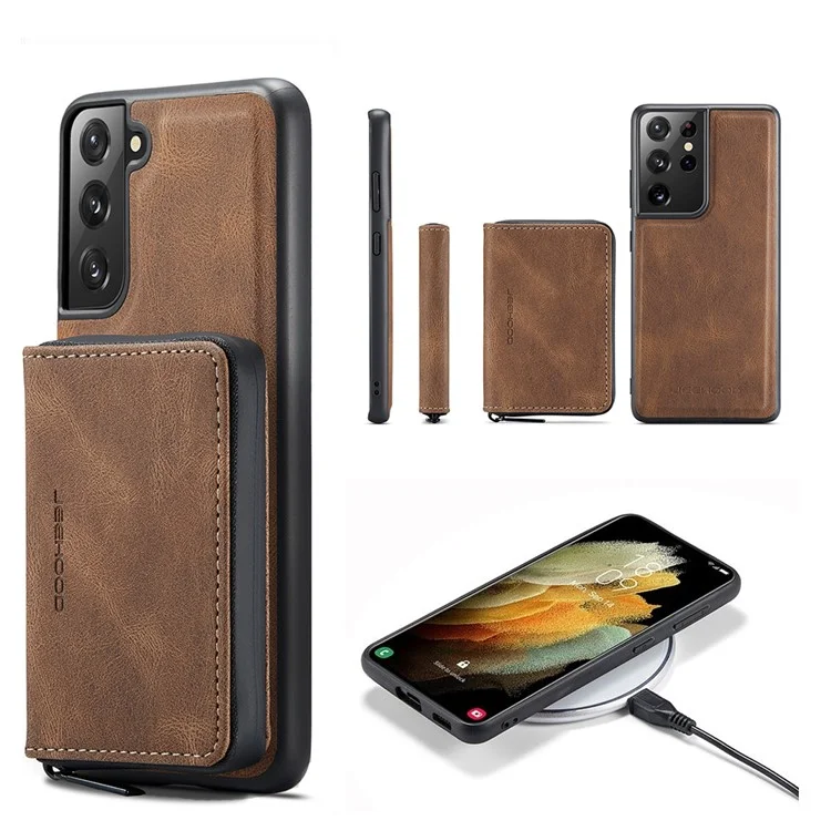 Junghood Magnetic Abnehmbare Reißverschluss Geldbörse Feine Qualität Leder Hybrid Hülle Mit Kickstand Für Samsung Galaxy S21 FE / S21 Fan Edition - Braun