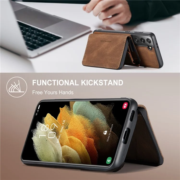 Junghood Magnetic Abnehmbare Reißverschluss Geldbörse Feine Qualität Leder Hybrid Hülle Mit Kickstand Für Samsung Galaxy S21 FE / S21 Fan Edition - Braun