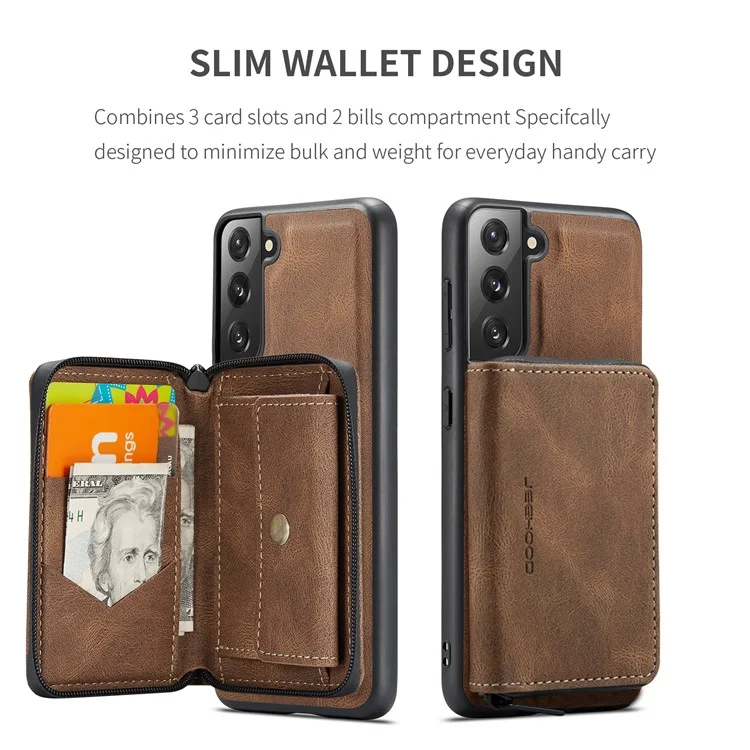 Junghood Magnetic Abnehmbare Reißverschluss Geldbörse Feine Qualität Leder Hybrid Hülle Mit Kickstand Für Samsung Galaxy S21 FE / S21 Fan Edition - Braun