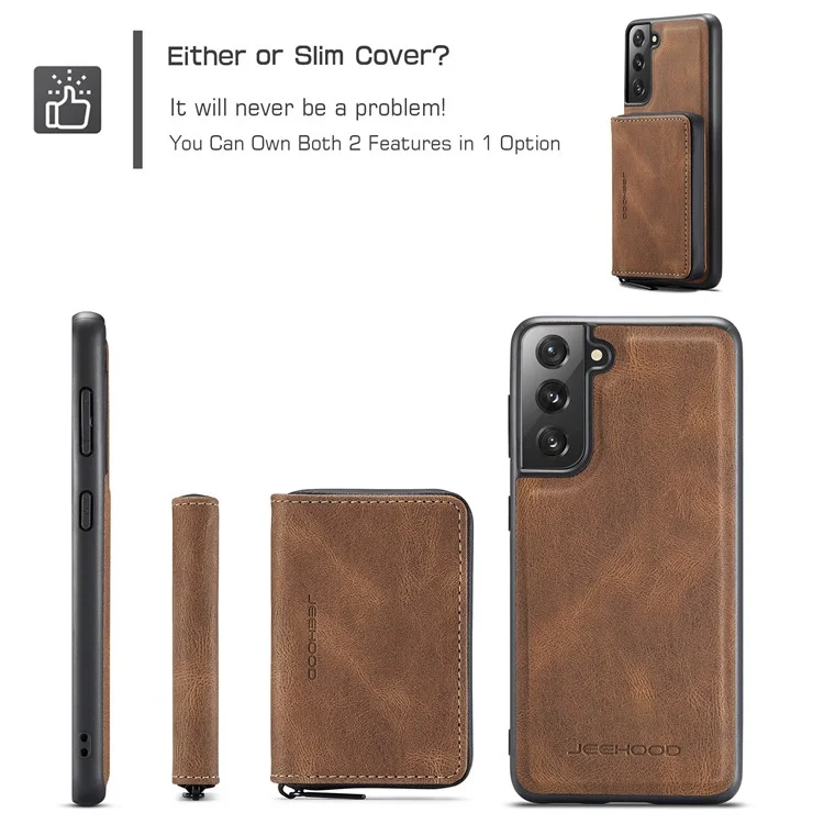 Junghood Magnetic Abnehmbare Reißverschluss Geldbörse Feine Qualität Leder Hybrid Hülle Mit Kickstand Für Samsung Galaxy S21 FE / S21 Fan Edition - Braun