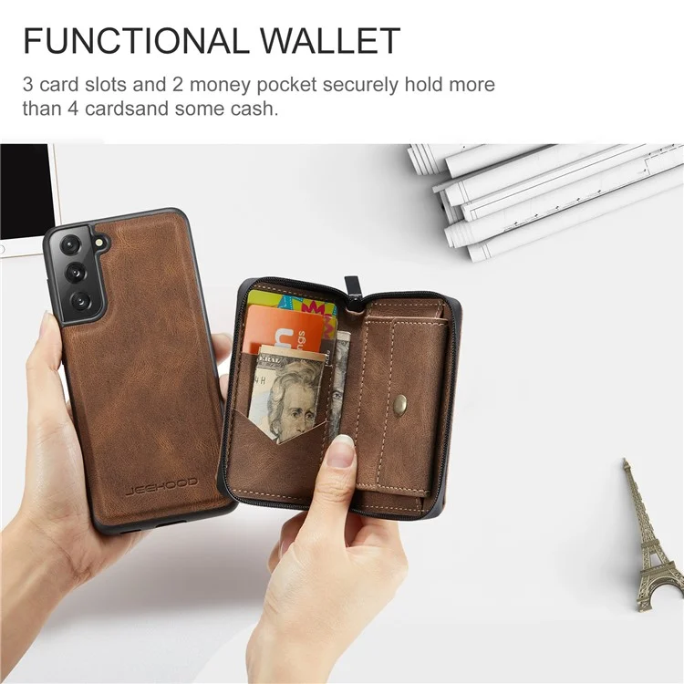Junghood Magnetic Abnehmbare Reißverschluss Geldbörse Feine Qualität Leder Hybrid Hülle Mit Kickstand Für Samsung Galaxy S21 FE / S21 Fan Edition - Braun