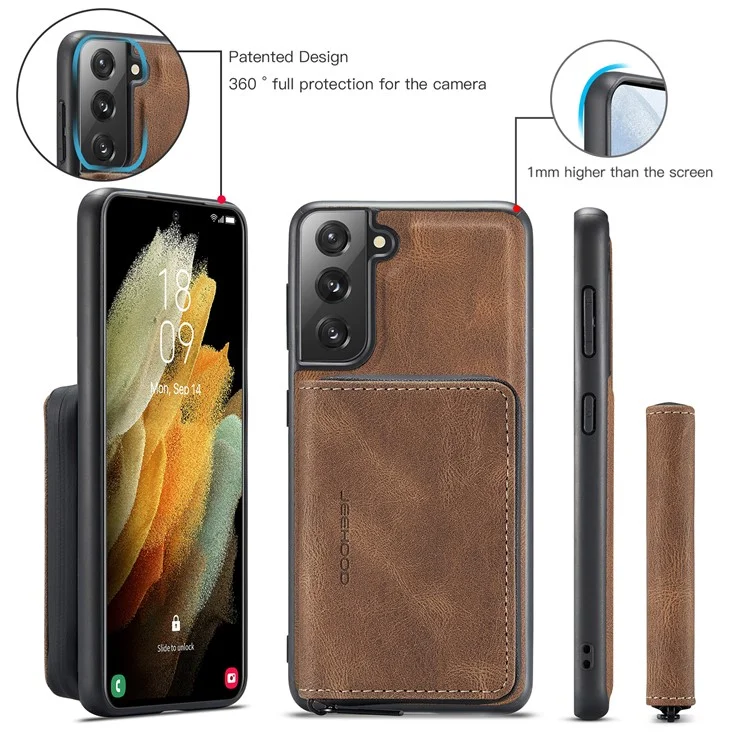 Junghood Magnetic Abnehmbare Reißverschluss Geldbörse Feine Qualität Leder Hybrid Hülle Mit Kickstand Für Samsung Galaxy S21 FE / S21 Fan Edition - Braun