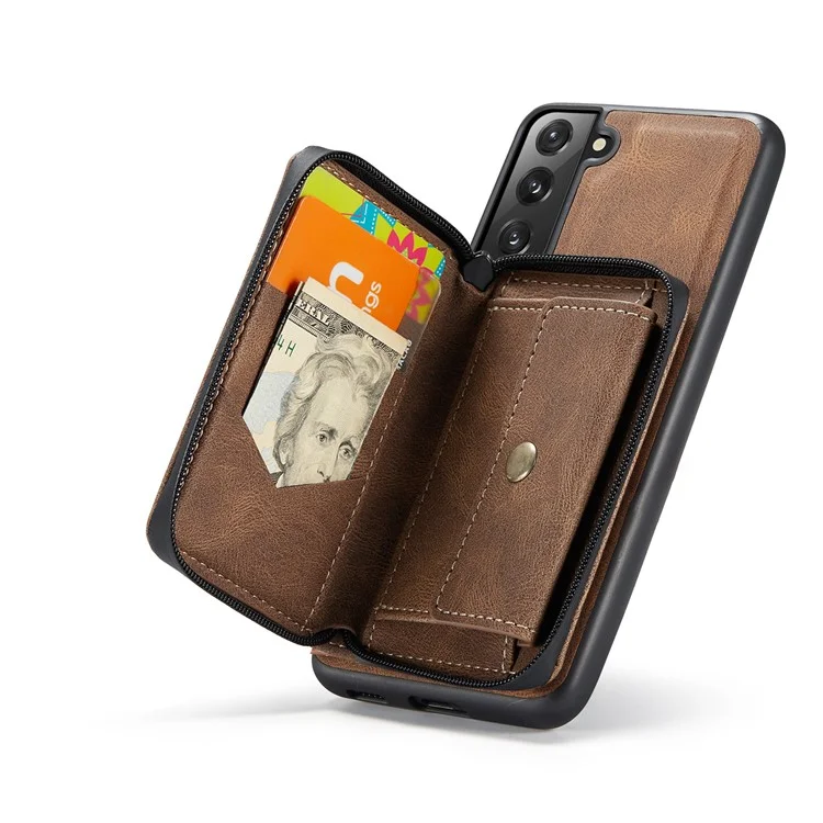 Junghood Magnetic Abnehmbare Reißverschluss Geldbörse Feine Qualität Leder Hybrid Hülle Mit Kickstand Für Samsung Galaxy S21 FE / S21 Fan Edition - Braun