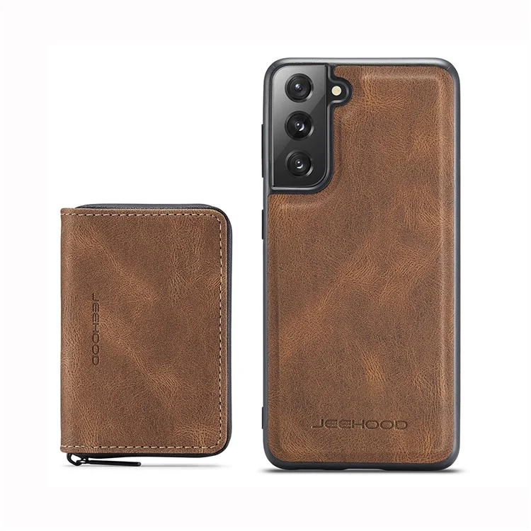 Junghood Magnetic Abnehmbare Reißverschluss Geldbörse Feine Qualität Leder Hybrid Hülle Mit Kickstand Für Samsung Galaxy S21 FE / S21 Fan Edition - Braun