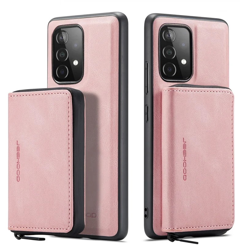 JEEHOOD Magnetic Detachable 2-in-1 Elegant Leather Hybrid Case with Zipper Closure Wallet for Samsung Galaxy A32 4G (EU Version) - Pink