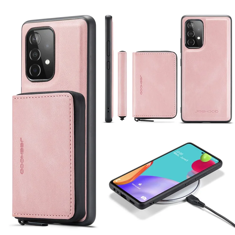 JEEHOOD Magnetic Detachable 2-in-1 Elegant Leather Hybrid Case with Zipper Closure Wallet for Samsung Galaxy A32 4G (EU Version) - Pink