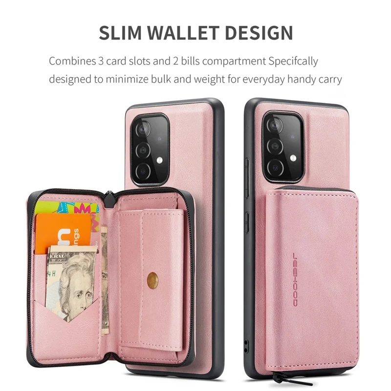 JEEHOOD Magnetic Detachable 2-in-1 Elegant Leather Hybrid Case with Zipper Closure Wallet for Samsung Galaxy A32 4G (EU Version) - Pink