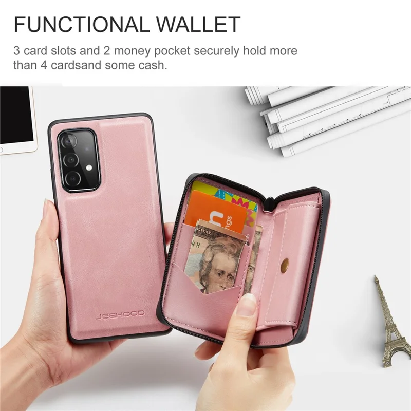 JEEHOOD Magnetic Detachable 2-in-1 Elegant Leather Hybrid Case with Zipper Closure Wallet for Samsung Galaxy A32 4G (EU Version) - Pink
