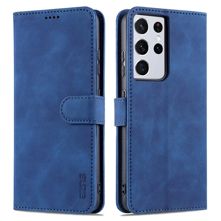 AZNS  Wallet Design PU Leather All-round Protection Phone Stand Cover Case for Samsung Galaxy S21 Ultra 5G - Blue