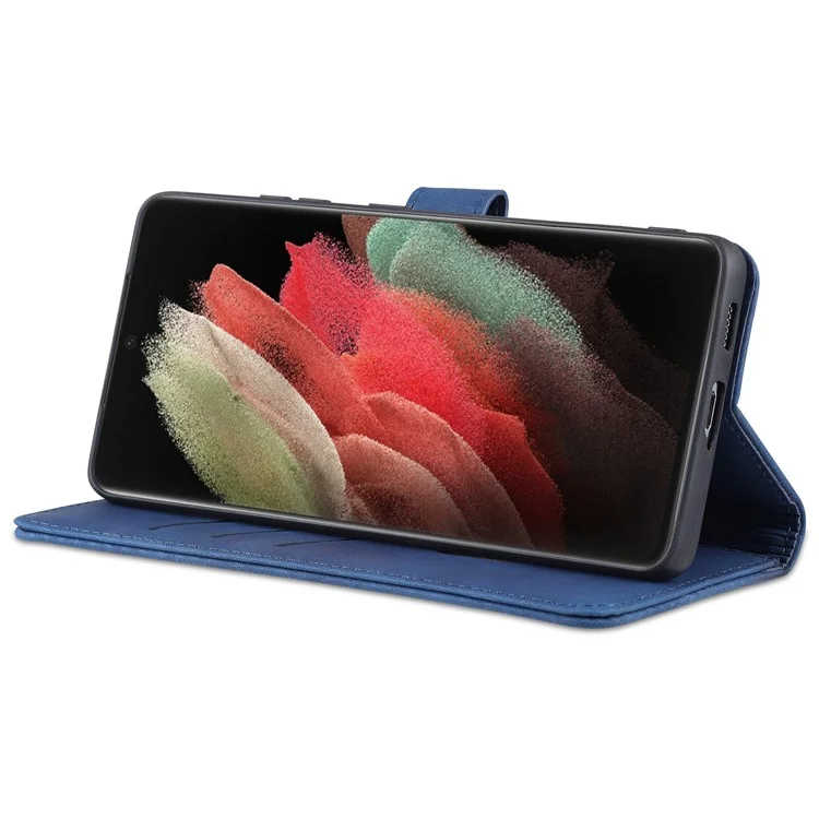 AZNS  Wallet Design PU Leather All-round Protection Phone Stand Cover Case for Samsung Galaxy S21 Ultra 5G - Blue
