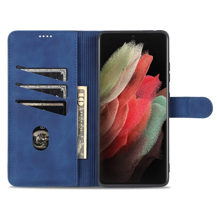 AZNS  Wallet Design PU Leather All-round Protection Phone Stand Cover Case for Samsung Galaxy S21 Ultra 5G - Blue