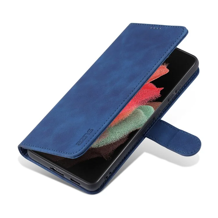 AZNS  Wallet Design PU Leather All-round Protection Phone Stand Cover Case for Samsung Galaxy S21 Ultra 5G - Blue