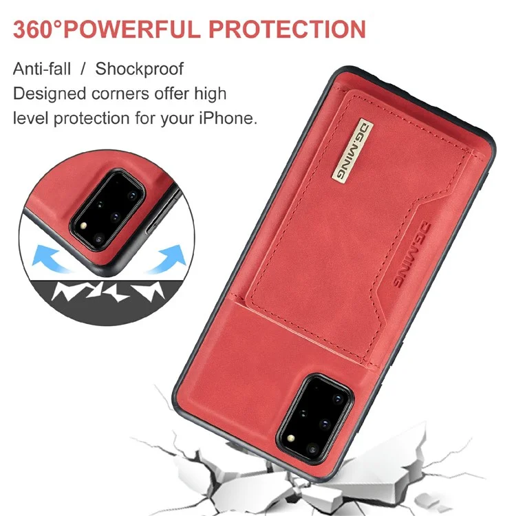 DG.MING M2 Series Anti-drop Magnetic Wallet Design with Kickstand  Leather Coated Hybrid Case for Samsung Galaxy S20 Plus - Red