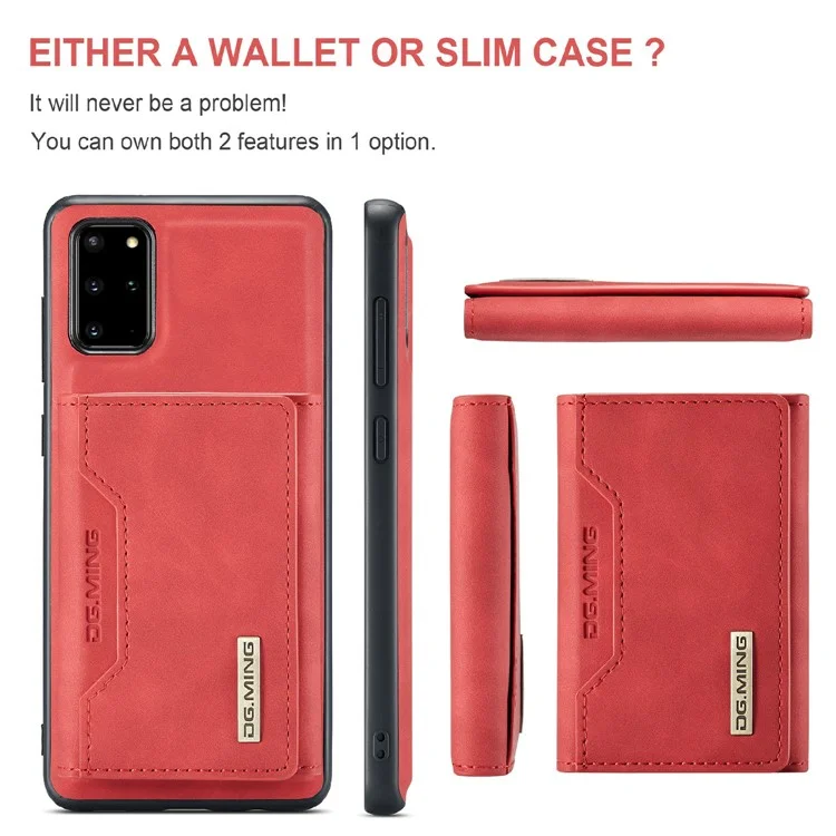 DG.MING M2 Series Anti-drop Magnetic Wallet Design with Kickstand  Leather Coated Hybrid Case for Samsung Galaxy S20 Plus - Red