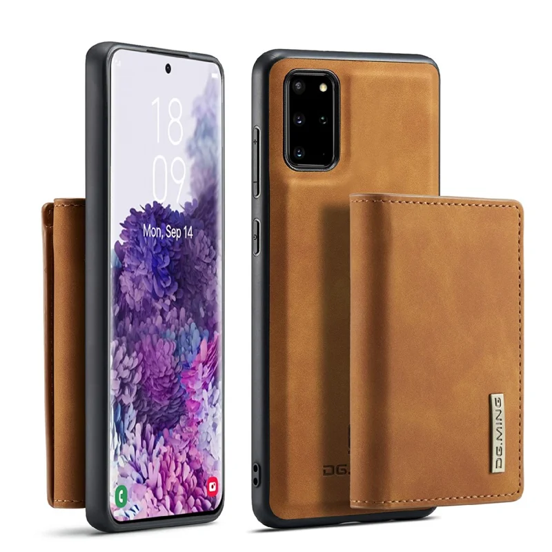 DG.MING M1 Series Phone Case PU + TPU + PC Back Cover with Magnetic Tri-Fold Wallet Kickstand for Samsung Galaxy S20 Plus - Brown