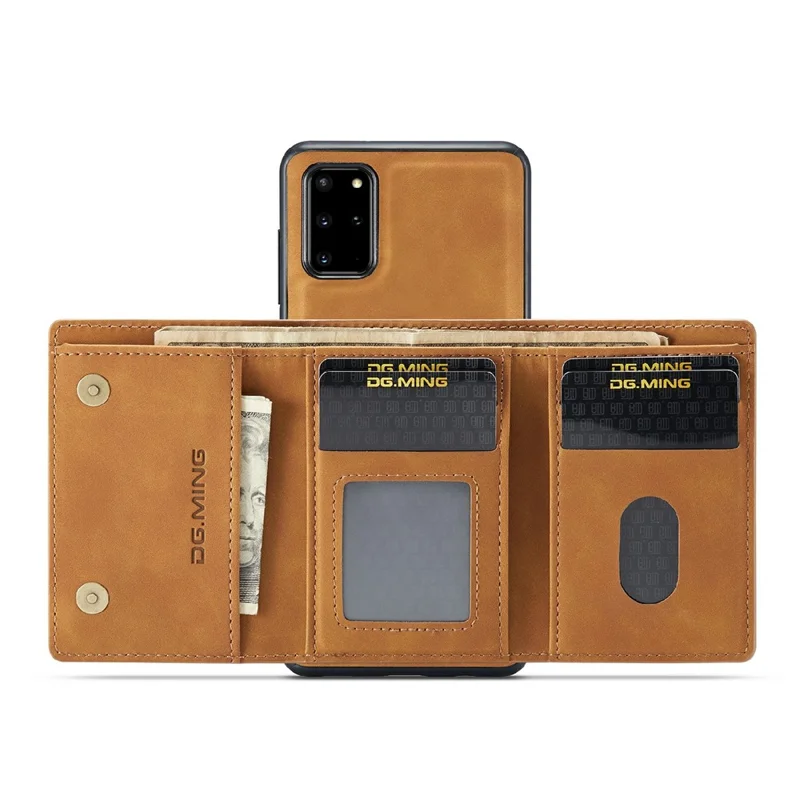 DG.MING M1 Series Phone Case PU + TPU + PC Back Cover with Magnetic Tri-Fold Wallet Kickstand for Samsung Galaxy S20 Plus - Brown