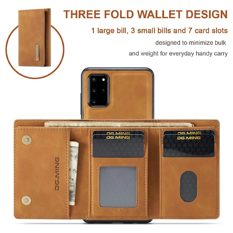 DG.MING M1 Series Phone Case PU + TPU + PC Back Cover with Magnetic Tri-Fold Wallet Kickstand for Samsung Galaxy S20 Plus - Brown