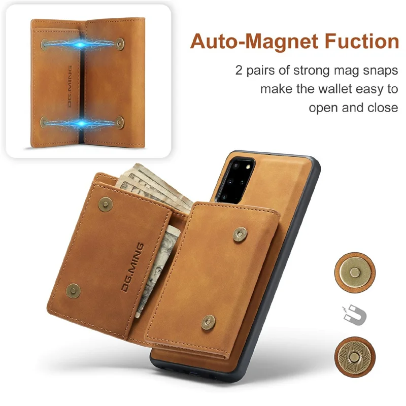 DG.MING M1 Series Phone Case PU + TPU + PC Back Cover with Magnetic Tri-Fold Wallet Kickstand for Samsung Galaxy S20 Plus - Brown