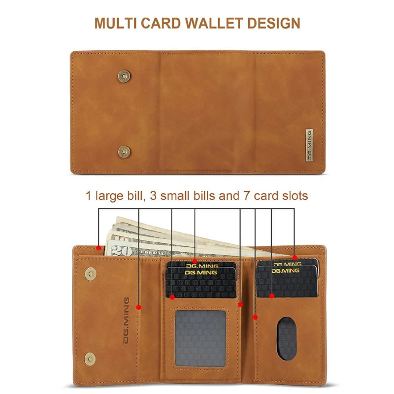 DG.MING M1 Series Phone Case PU + TPU + PC Back Cover with Magnetic Tri-Fold Wallet Kickstand for Samsung Galaxy S20 Plus - Brown