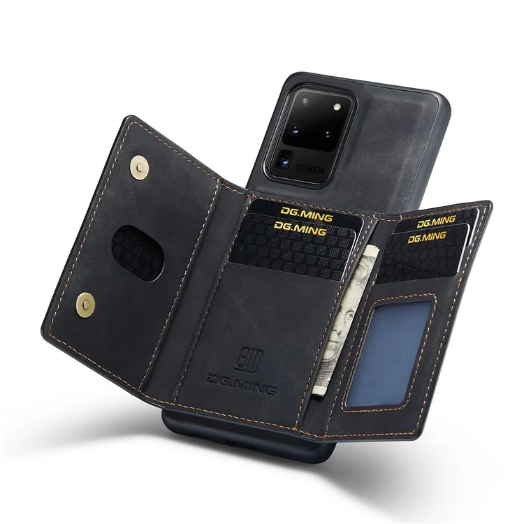 DG.MING M2 Series Tri-Fold Wallet Kickstand Design Magnetic Detachable Wireless Charging Hybrid Case per Samsung Galaxy S20 Ultra - Nero