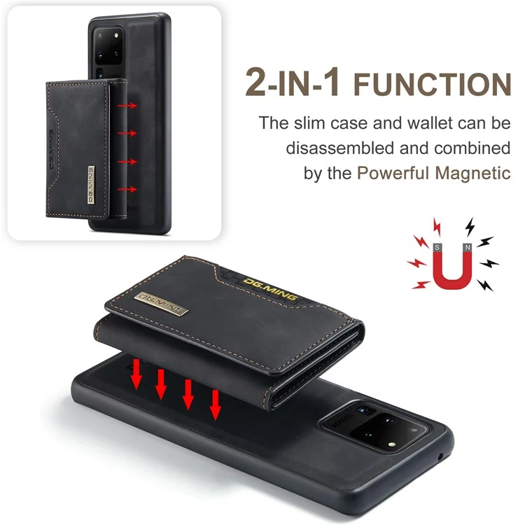DG.MING M2 Series Tri-Fold Wallet Kickstand Design Magnetic Detachable Wireless Charging Hybrid Case per Samsung Galaxy S20 Ultra - Nero