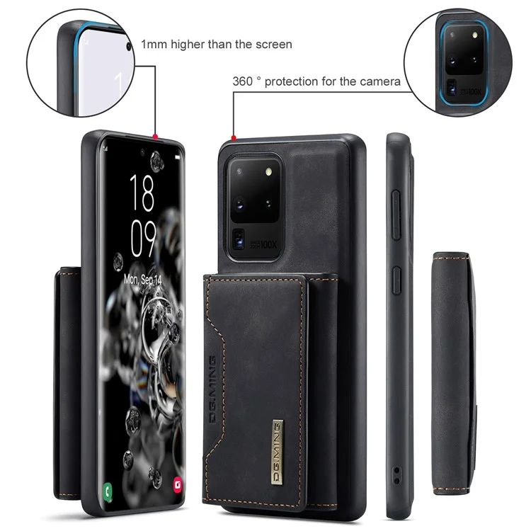 DG.MING M2 Series Tri-Fold Wallet Kickstand Design Magnetic Detachable Wireless Charging Hybrid Case per Samsung Galaxy S20 Ultra - Nero