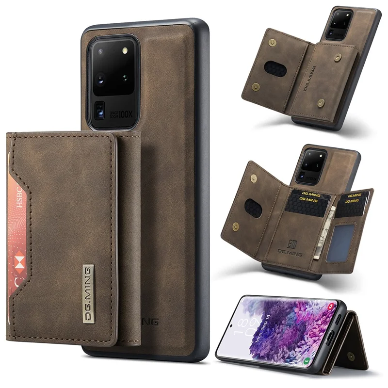 DG.MING M2 Series Tri-Fold Wallet Kickstand Design Magnetic Detachable Wireless Charging Hybrid Case for Samsung Galaxy S20 Ultra - Coffee