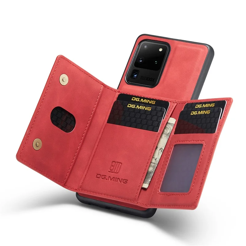 DG.MING M2 Series Tri-Fold Wallet Kickstand Design Magnetic Detachable Wireless Charging Hybrid Case for Samsung Galaxy S20 Ultra - Red