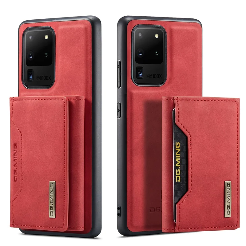 DG.MING M2 Series Tri-Fold Wallet Kickstand Design Magnetic Detachable Wireless Charging Hybrid Case for Samsung Galaxy S20 Ultra - Red
