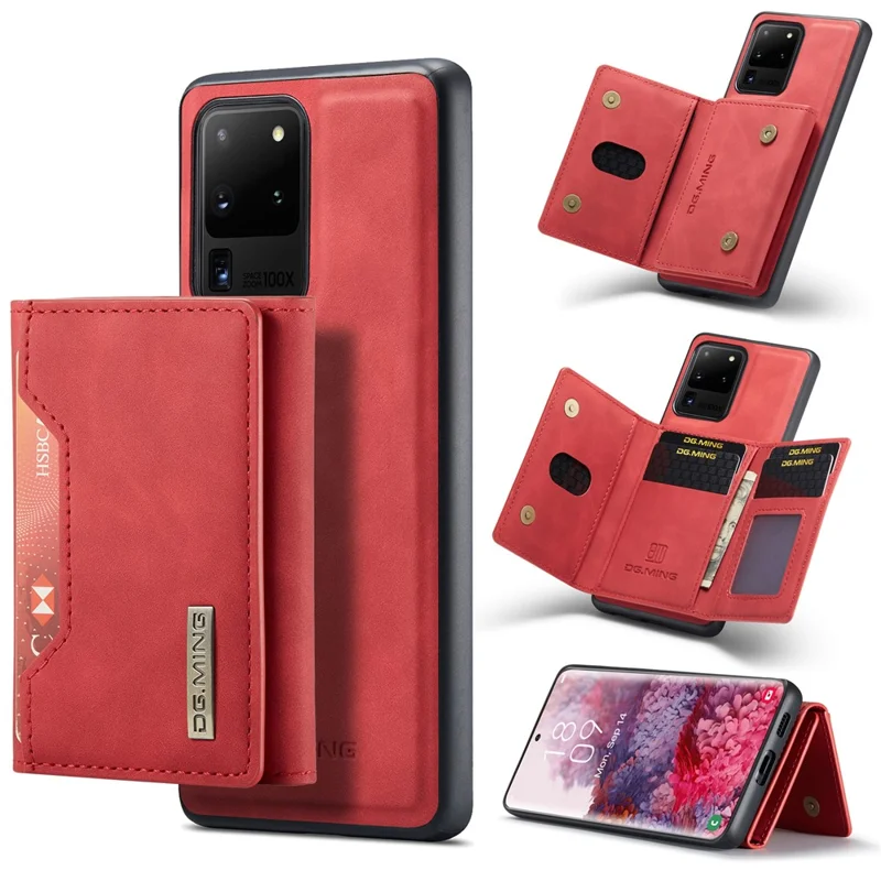 DG.MING M2 Series Tri-Fold Wallet Kickstand Design Magnetic Detachable Wireless Charging Hybrid Case for Samsung Galaxy S20 Ultra - Red