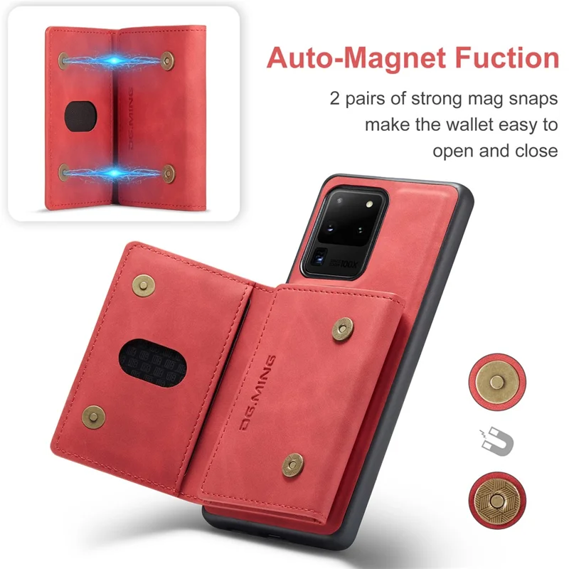 DG.MING M2 Series Tri-Fold Wallet Kickstand Design Magnetic Detachable Wireless Charging Hybrid Case for Samsung Galaxy S20 Ultra - Red