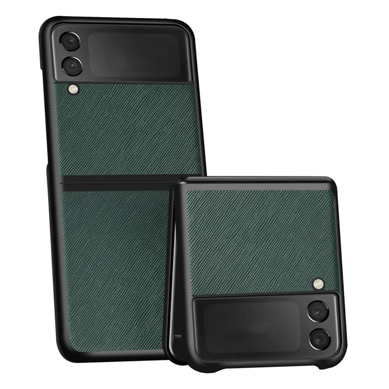 Plastic+Leather Phone Case Shell Folding Phone Back Cover for Galaxy Z Flip3 5G - Green