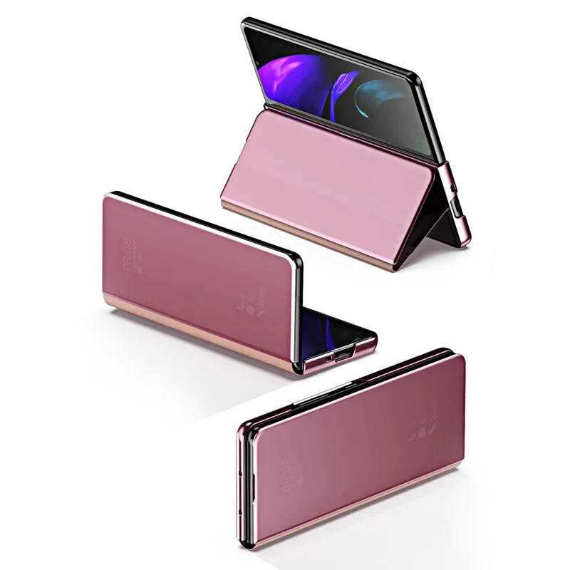 Folio Flip Mirror-Like Surface Plated PU Leather Stand Case for Samsung Galaxy Z Fold3 5G - Silver