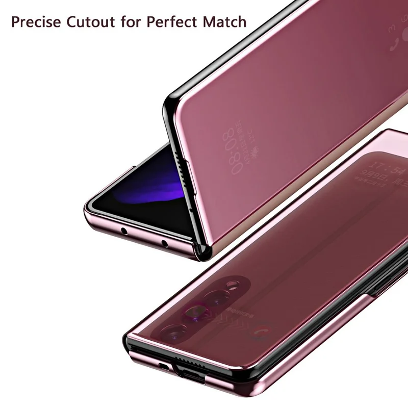 Folio Flip Mirror-Like Surface Plated PU Leather Stand Case for Samsung Galaxy Z Fold3 5G - Rose Gold