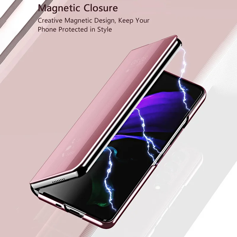 Folio Flip Mirror-Like Surface Plated PU Leather Stand Case for Samsung Galaxy Z Fold3 5G - Rose Gold