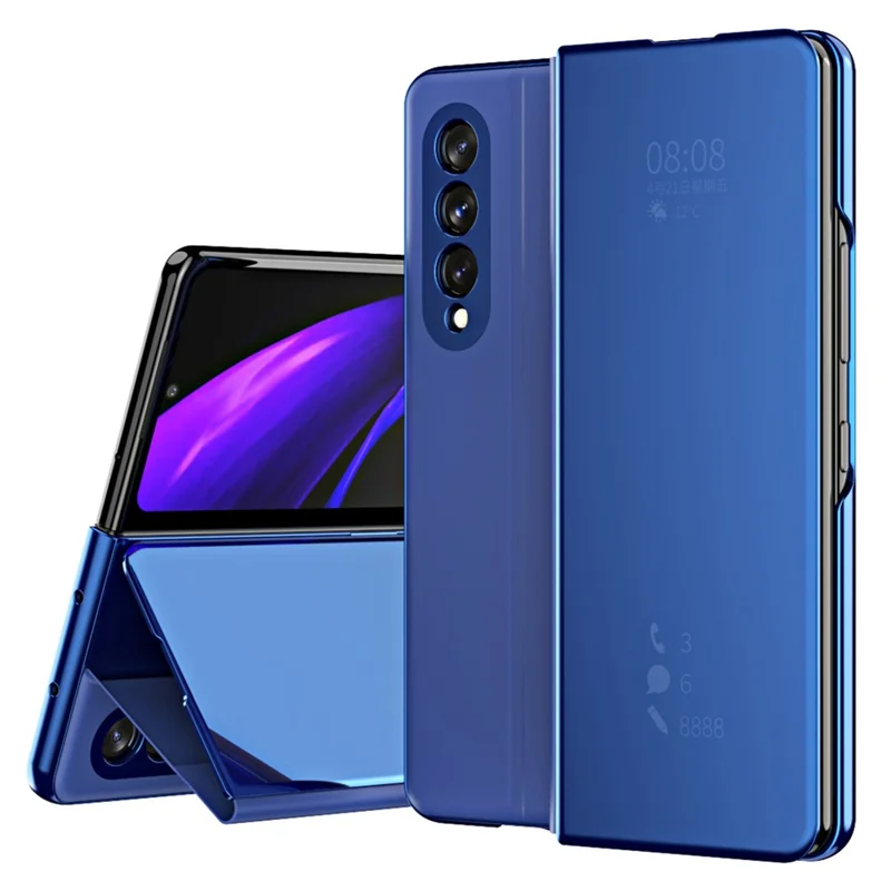 Folio Flip Mirror-Like Surface Plated PU Leather Stand Case for Samsung Galaxy Z Fold3 5G - Blue