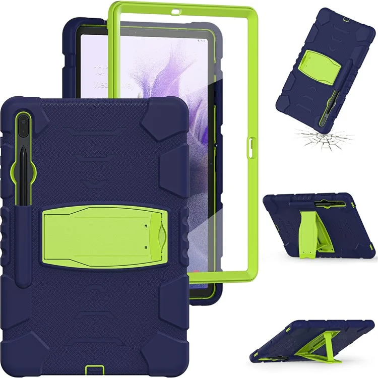 Ajuste de Kickstand Ajuste PC + Silicone Hybrid Taplet Tampa Com Porta-lápis Para Samsung Galaxy Tab S7 Plus T970 / T975 / Tab S7 fe T730 / T735 / T736b / T736N - Azul Marinho/limão