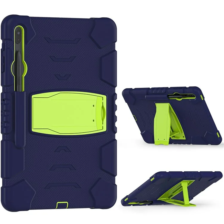 Kickstand Multi-Angle Adjustment PC + Silicone Hybrid Tablet Cover with Pencil Holder for Samsung Galaxy Tab S8+ / S7+ T970 / T975 / Tab S7 FE T730 / T735 / T736B / T736N - Navy Blue / Lime