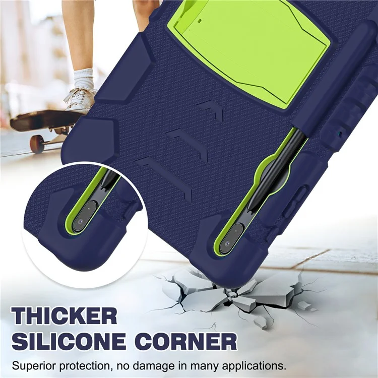 Kickstand Multi-angle Réglage PC + Couvercle de Tablette Hybride en Silicone Avec Porte-crayon Pour Samsung Galaxy Tab S7 Plus T970 / T975 / Tab S7 FE T730 / T735 / T736b / T736N - Bleu Marine / Citron Vert